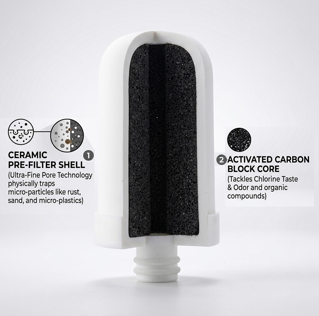 Cutaway showing the ceramic shell and activated carbon core