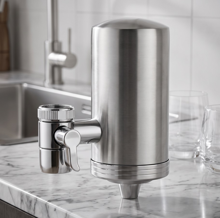 ClearDrop stainless steel filter unit and chrome diverter on a kitchen benchtop